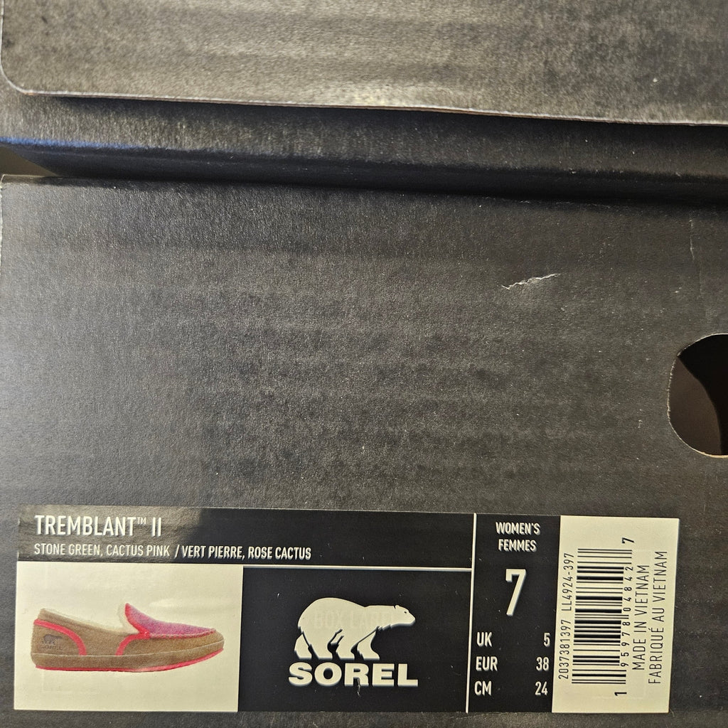 SOREL WOMEN'S 7 TREMBLANT II MOCASSIN SLIPPERS STONE GREEN CACTUS PINK NIB