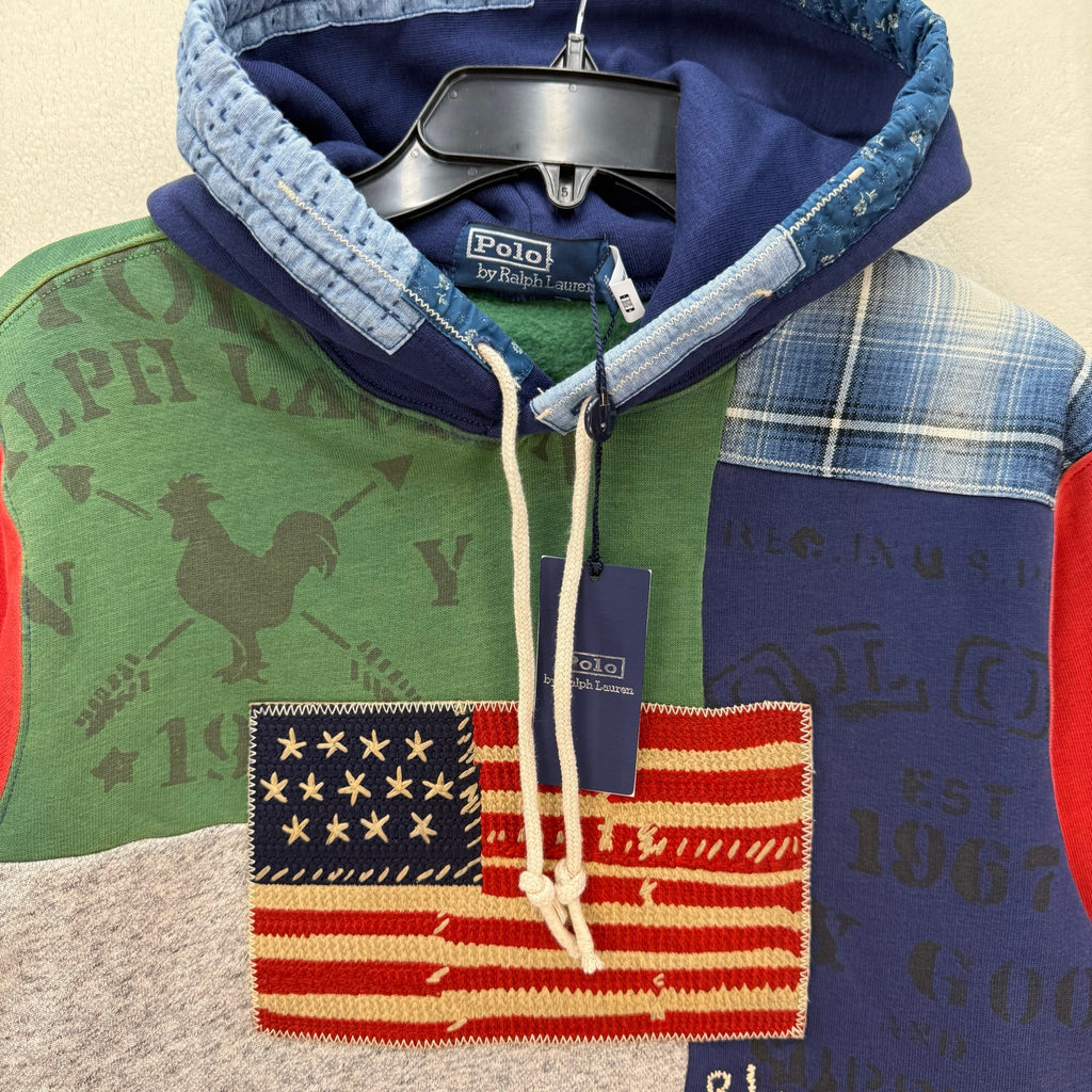 POLO RALPH LAUREN PATCHWORK HOODIE SIZE SMALL COUNTRY AMERICAN FLAG
