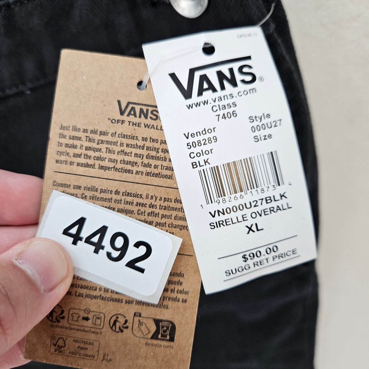 VANS WOMEN'S XL BLACK OVERALL SIRELLE BLACK COTTON RELAXED FIT