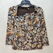 LAUREN RALPH LAUREN WOMEN'S SMALL FLORAL BIRD PRINT RUCHED NECK 3/4 SLEEVE TOP