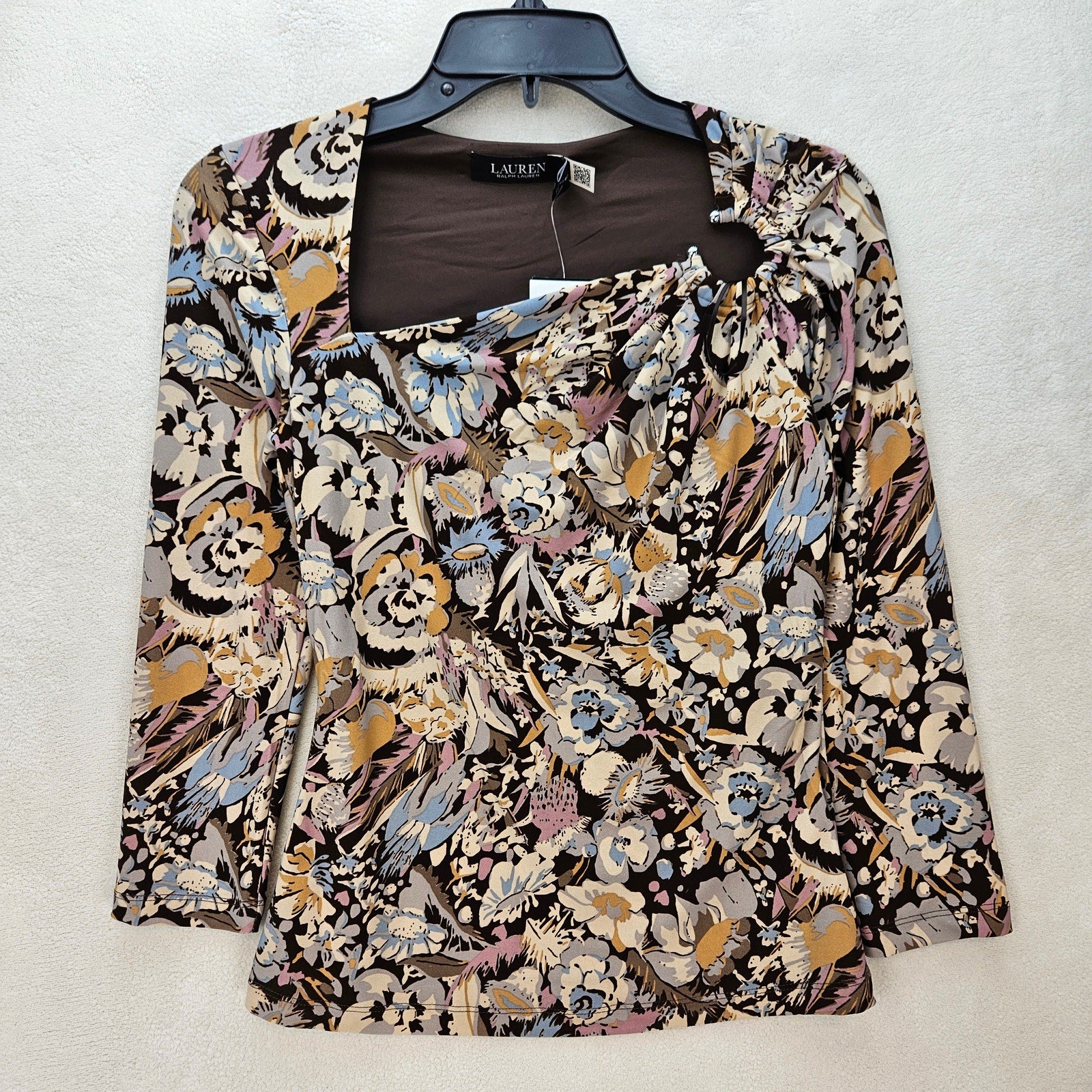 LAUREN RALPH LAUREN WOMEN'S SMALL FLORAL BIRD PRINT RUCHED NECK 3/4 SLEEVE TOP