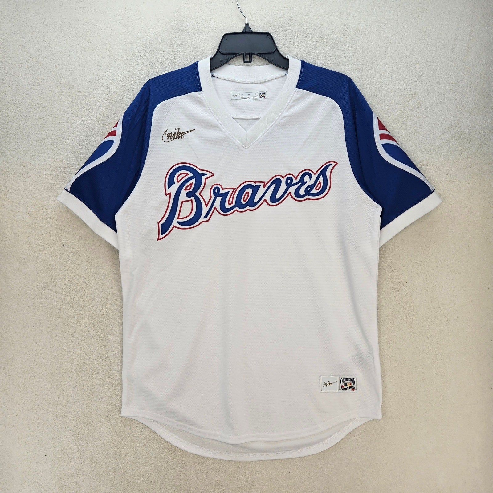 NIKE x ATLANTA BRAVES MEN'S MEDIUM BASEBALL JERSEY WHITE BLUE NWOT COOPERSTOWN