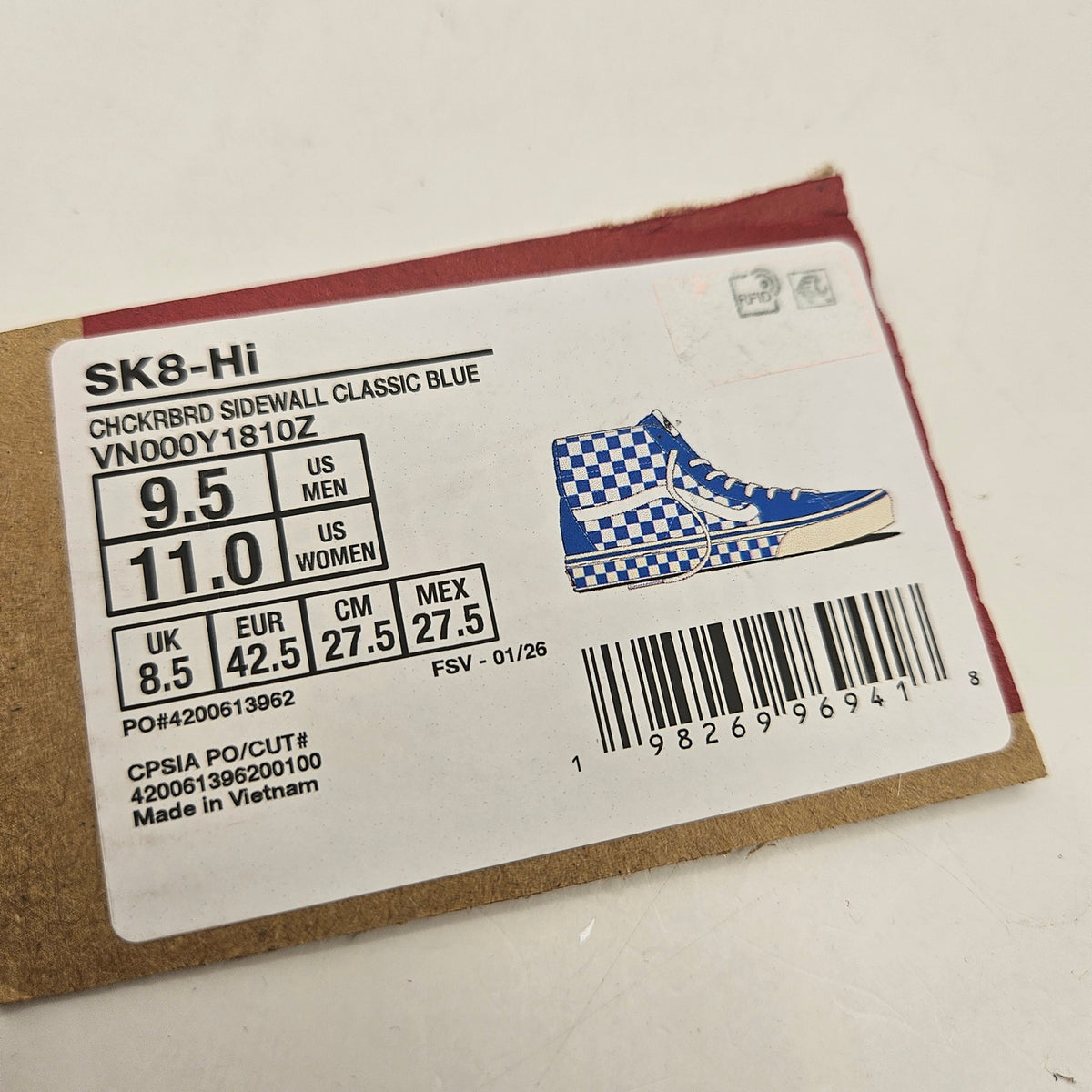 VANS MEN'S 9.5 SK8-HI CHECKERBOARD SIDEWALL CLASSIC BLUE SKATEBOARD NWOB