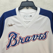 NIKE x ATLANTA BRAVES MEN'S MEDIUM BASEBALL JERSEY WHITE BLUE NWOT COOPERSTOWN