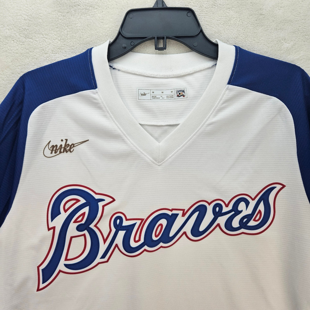 NIKE x ATLANTA BRAVES MEN'S MEDIUM BASEBALL JERSEY WHITE BLUE NWOT COOPERSTOWN