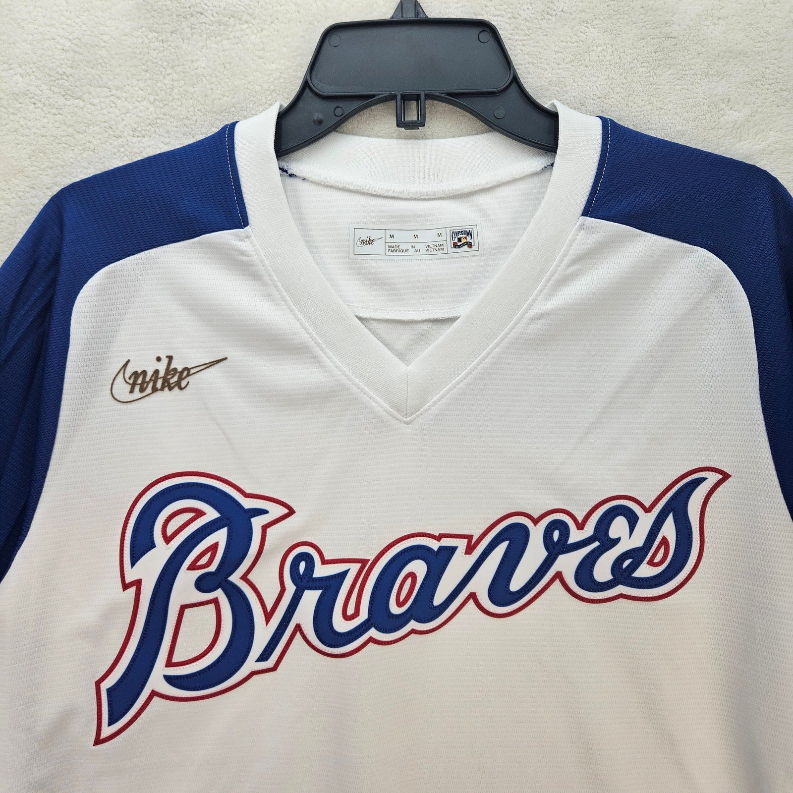NIKE x ATLANTA BRAVES MEN'S MEDIUM BASEBALL JERSEY WHITE BLUE NWOT COOPERSTOWN