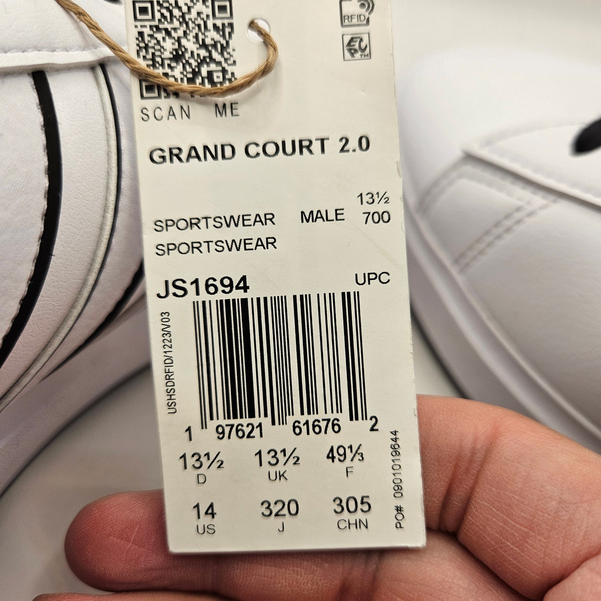ADIDAS MEN'S 14 GRAND COURT 2.0 WHITE BLACK CASUAL LIFESTYLE SNEAKER JS1694