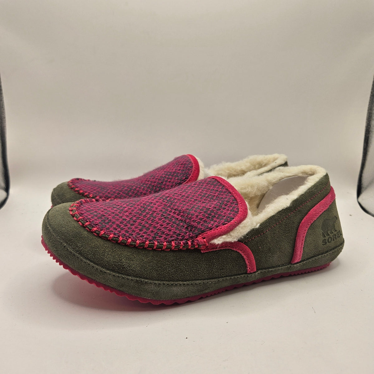 SOREL WOMEN'S 7 TREMBLANT II MOCASSIN SLIPPERS STONE GREEN CACTUS PINK NIB