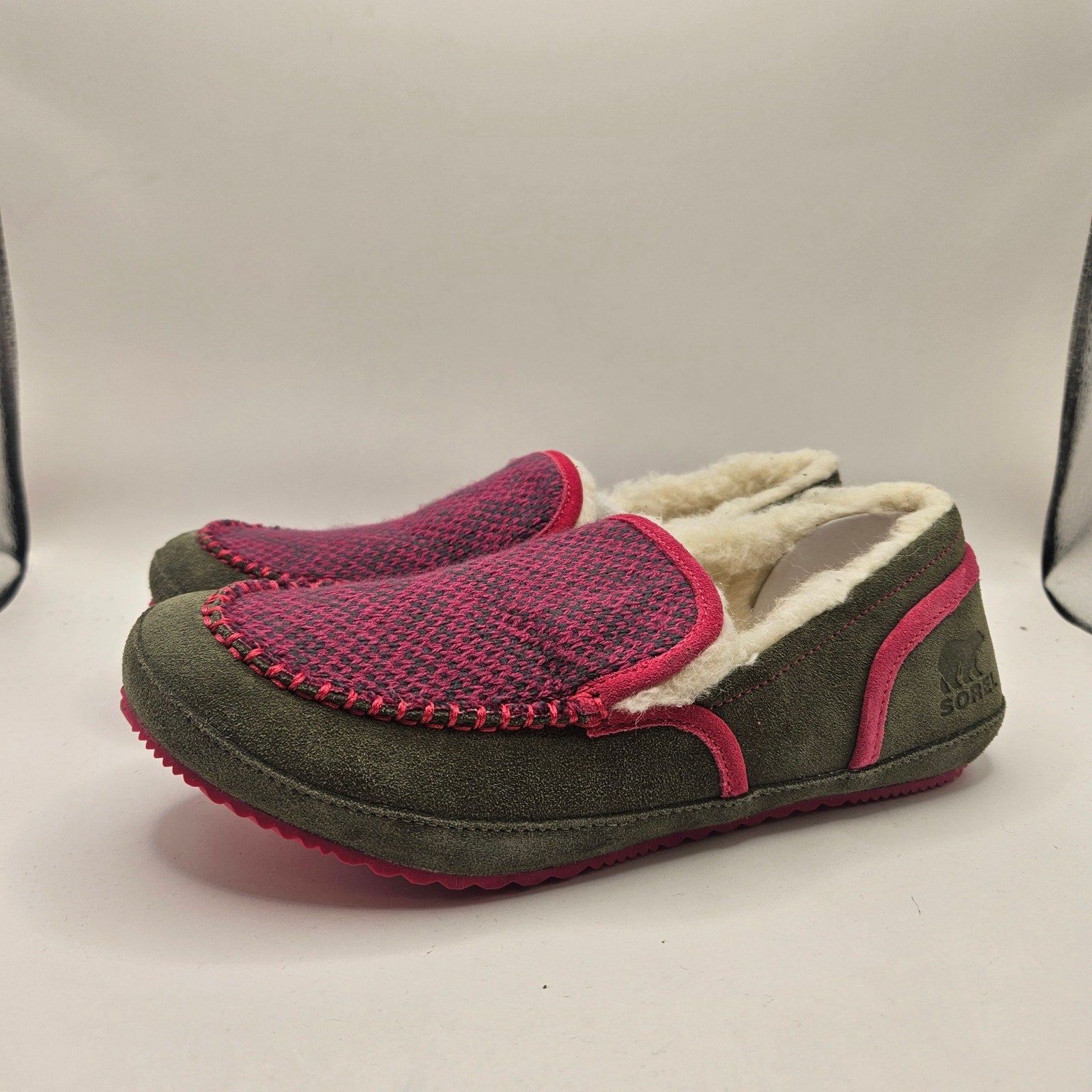 SOREL WOMEN'S 7 TREMBLANT II MOCASSIN SLIPPERS STONE GREEN CACTUS PINK NIB