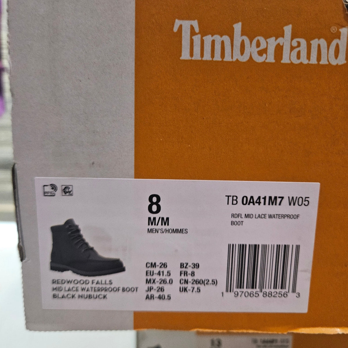 TIMBERLAND MEN'S 8 REDWOOD FALLS MID LACE WATERPROOF BLACK NUBUCK BOOTS