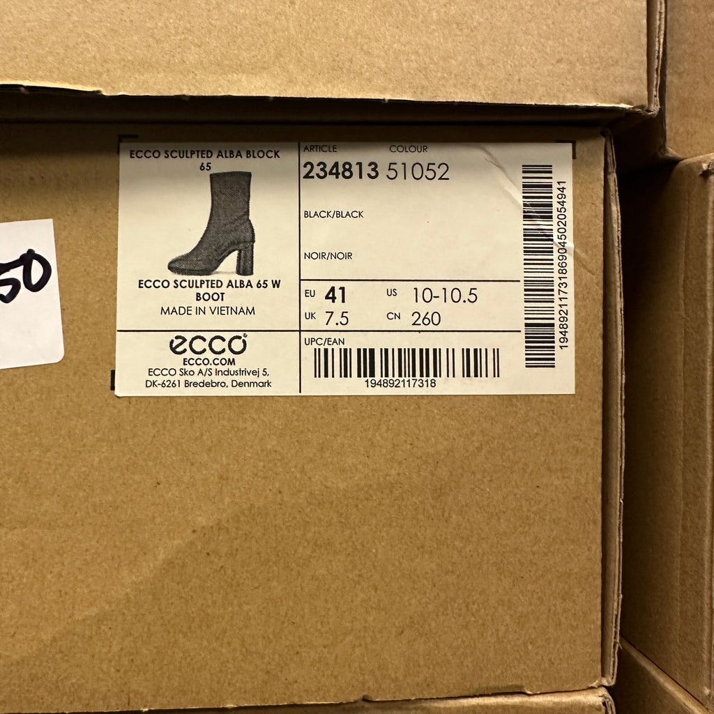 ECCO WOMEN'S 41 SCULPTED ALBA BLOCK 65 BLACK LEATHER HEEL BOOT NIB 23481351052