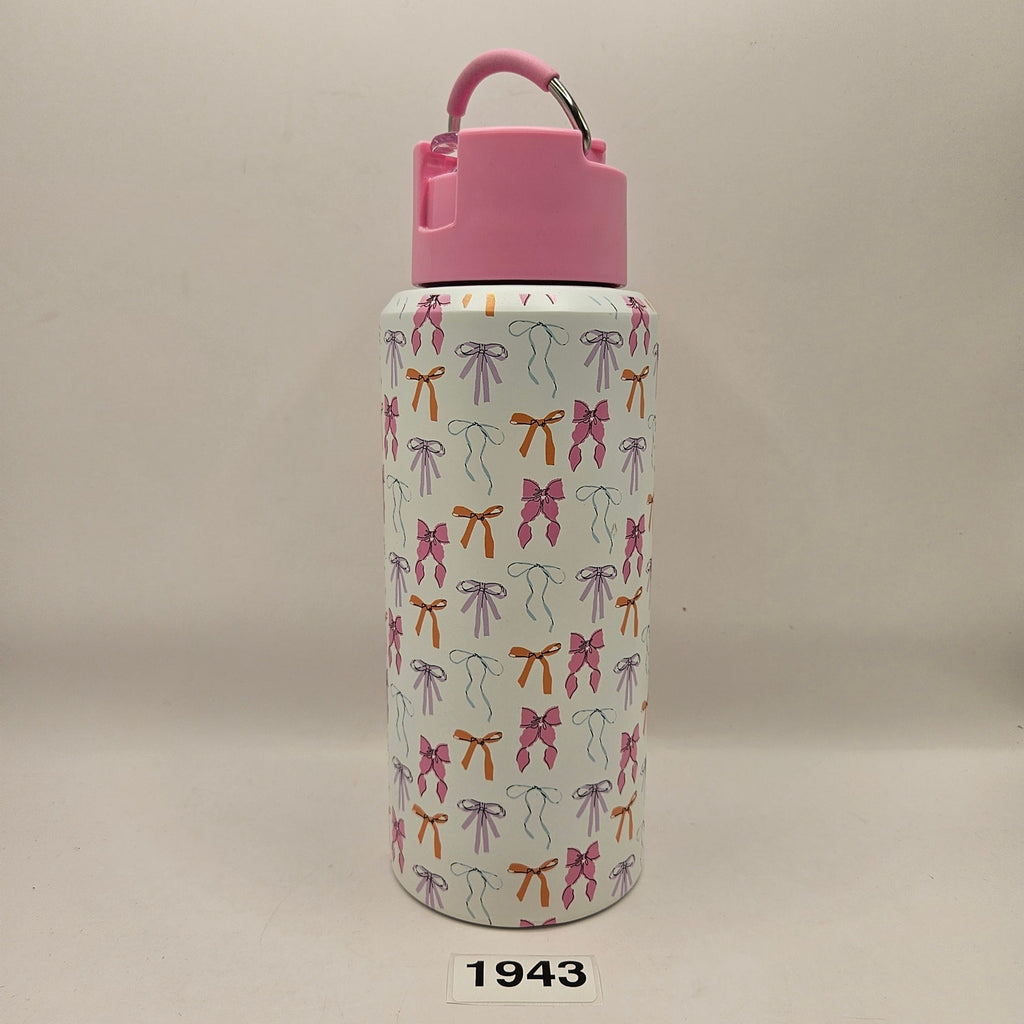 AQUA TUMBLER 24oz FLIP STRAW WATER BOTTLE PINK WHITE BOWTIE