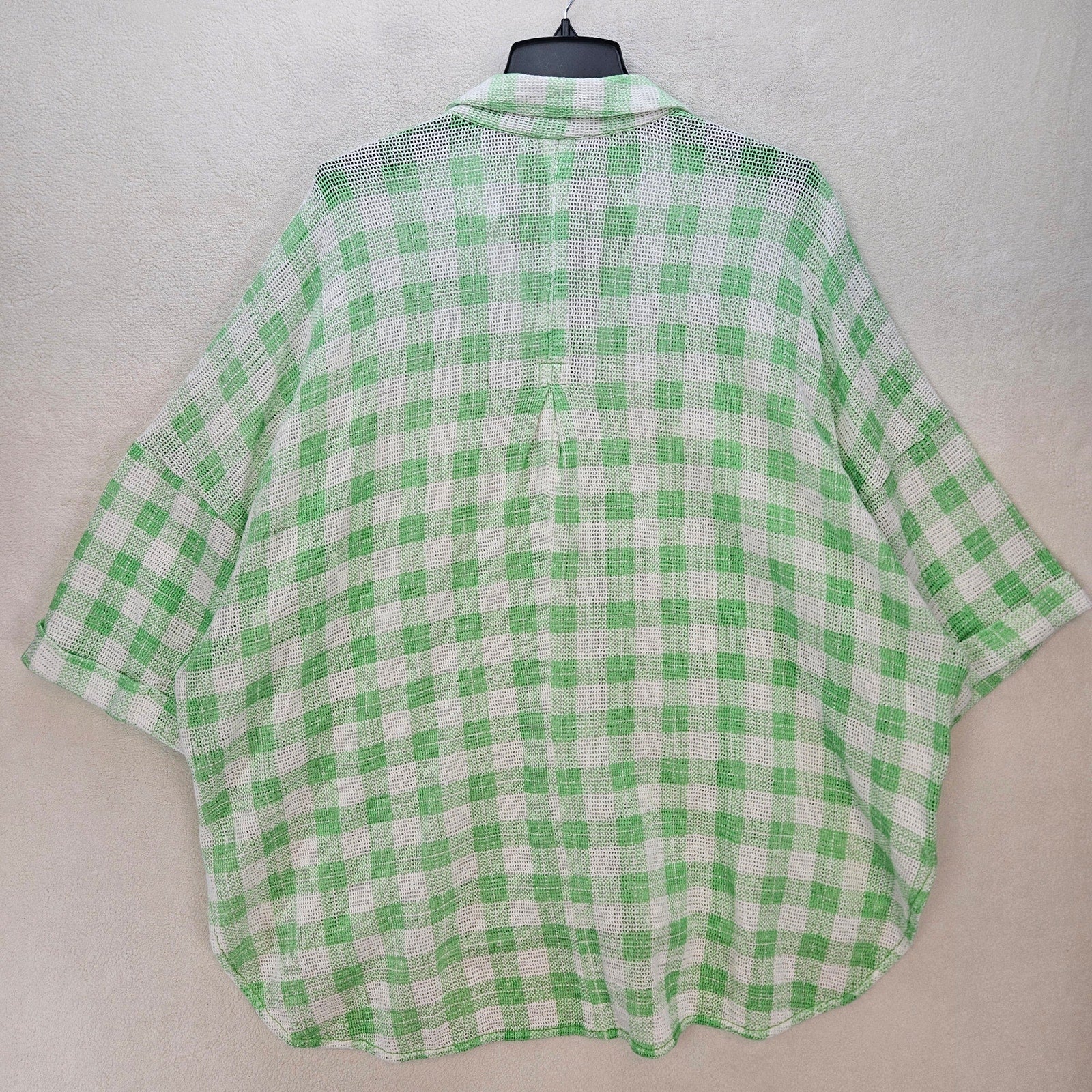 UO OUT FROM UNDER WOMEN'S LARGE FISHNET SHACKET NWT GREEN WHITE GINGHAM