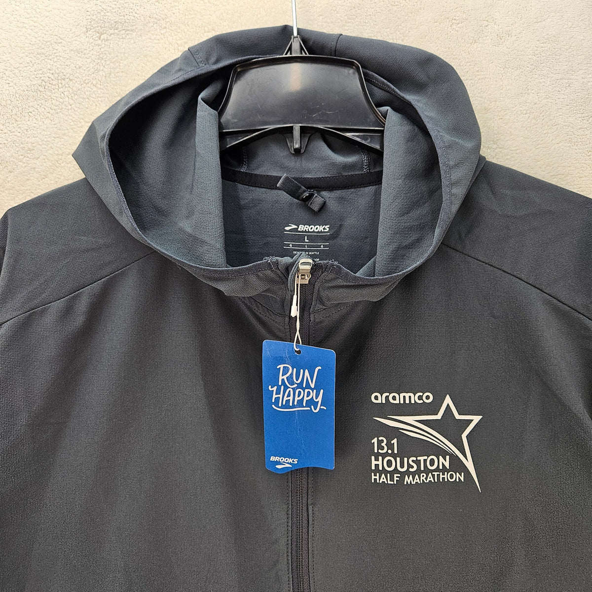 BROOKS MEN'S LARGE HOUSTON MARATHON ASPHALT GREY HOODED FULL ZIP JACKET NWT