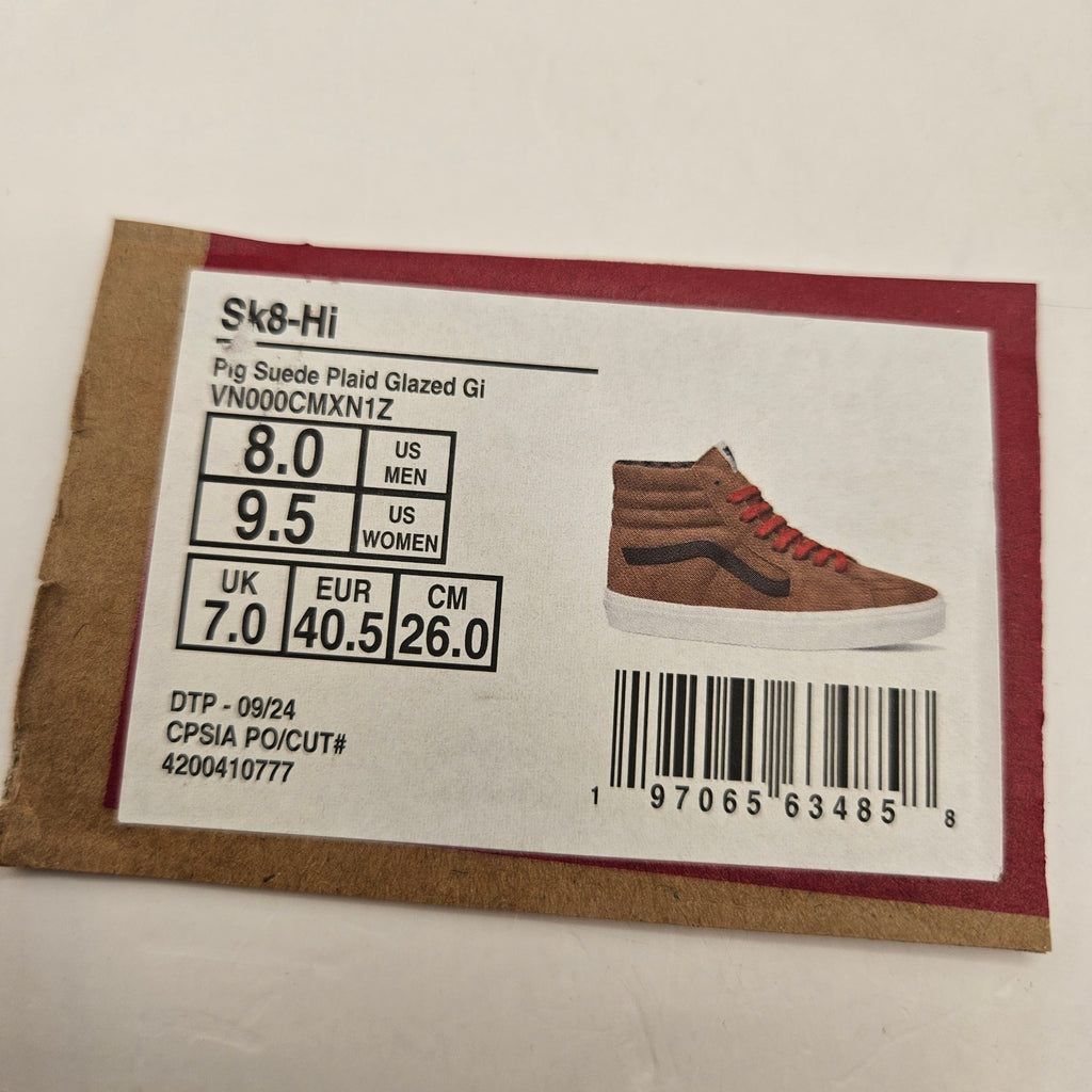 VANS MEN'S 8 SK8 HI PIG SUEDE PLAID GLAZED GINGER BROWN NWOB