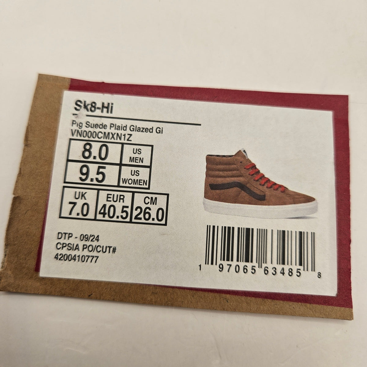VANS MEN'S 8 SK8 HI PIG SUEDE PLAID GLAZED GINGER BROWN NWOB