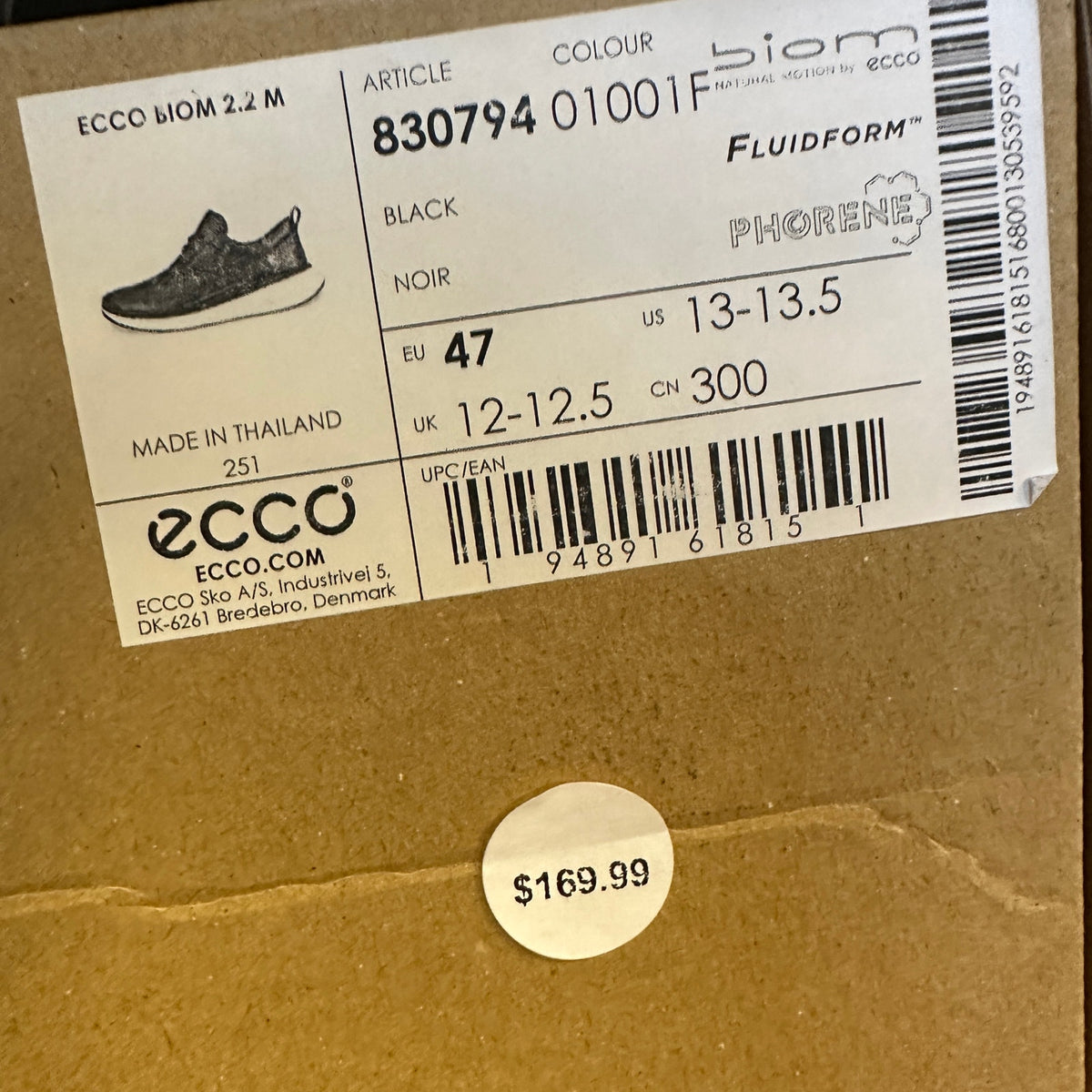 ECCO MEN'S 47 BIOM 2.2 BLACK LEATHER HYBRID SHOE FACTORY SECOND 83079401001 NIB