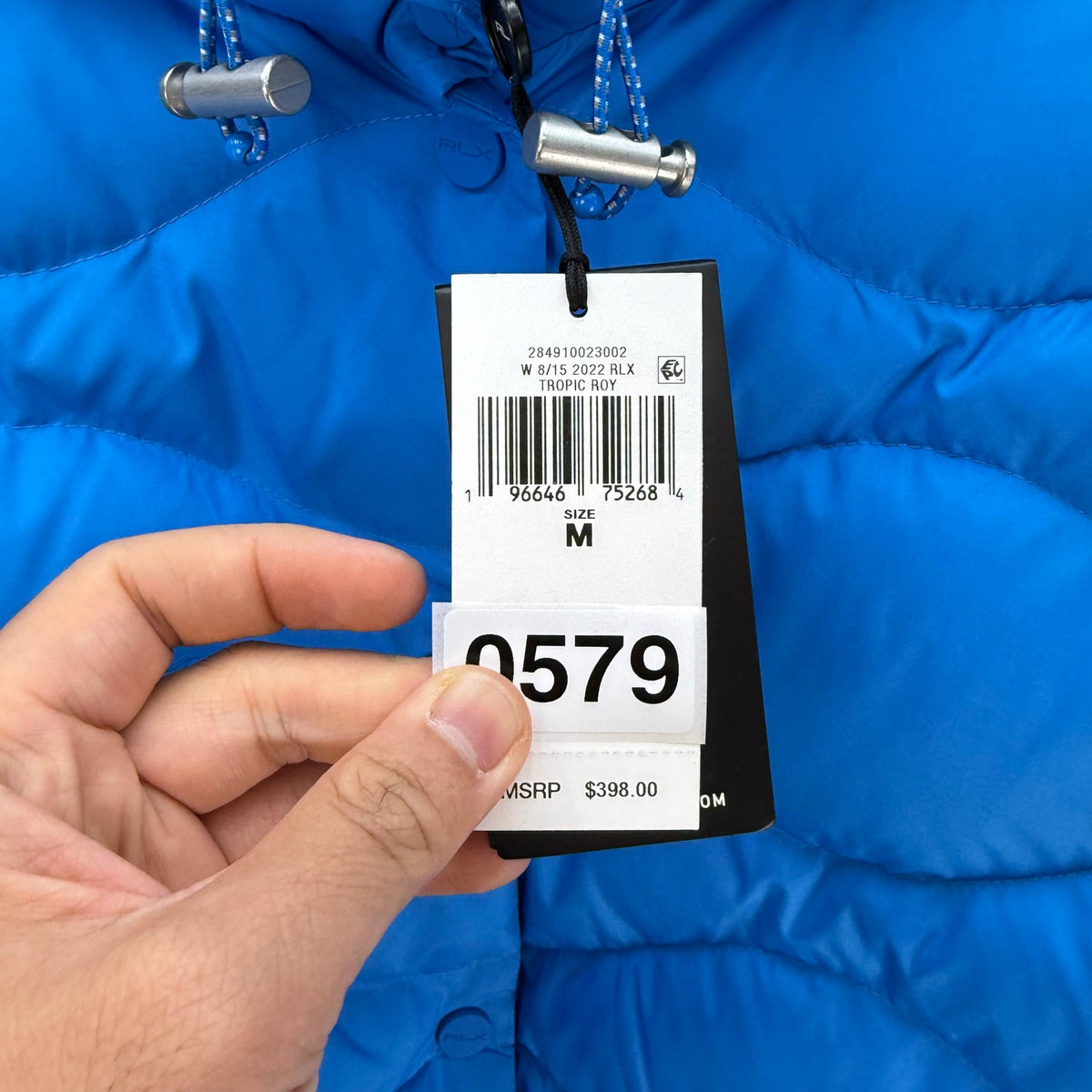 RLX RALPH LAUREN SZ M ONION-QUILTED HOODED DOWN JACKET BLUE