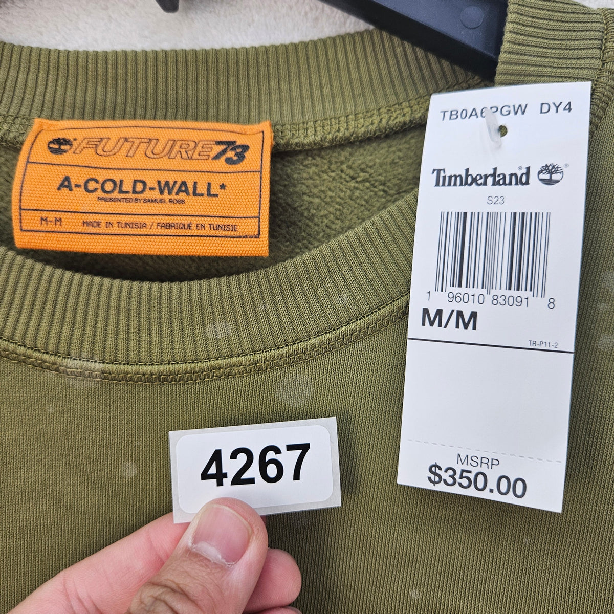 TIMBERLAND X A COLD WALL MEN'S MEDIUM OLIVE GREEN $350 D CREWNECK SWEATSHIRT