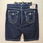 TRUE RELIGION MEN'S 40 VINNY ULTRA BAGGY ROPE STITCH JACKKNIFE DARK WASH SHORTS
