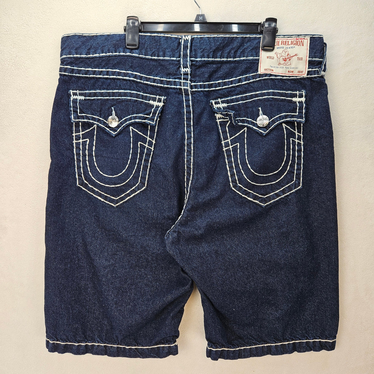 TRUE RELIGION MEN'S 40 VINNY ULTRA BAGGY ROPE STITCH JACKKNIFE DARK WASH SHORTS