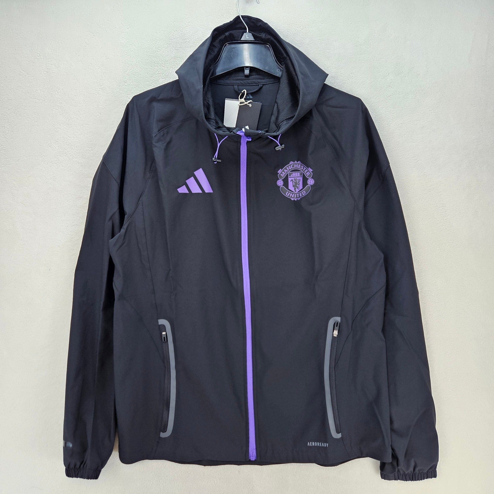 ADIDAS MEN'S MEDIUM MANCHESTER UNITED WIND BREAKER JACKET HOODED BLACK AEROREADY