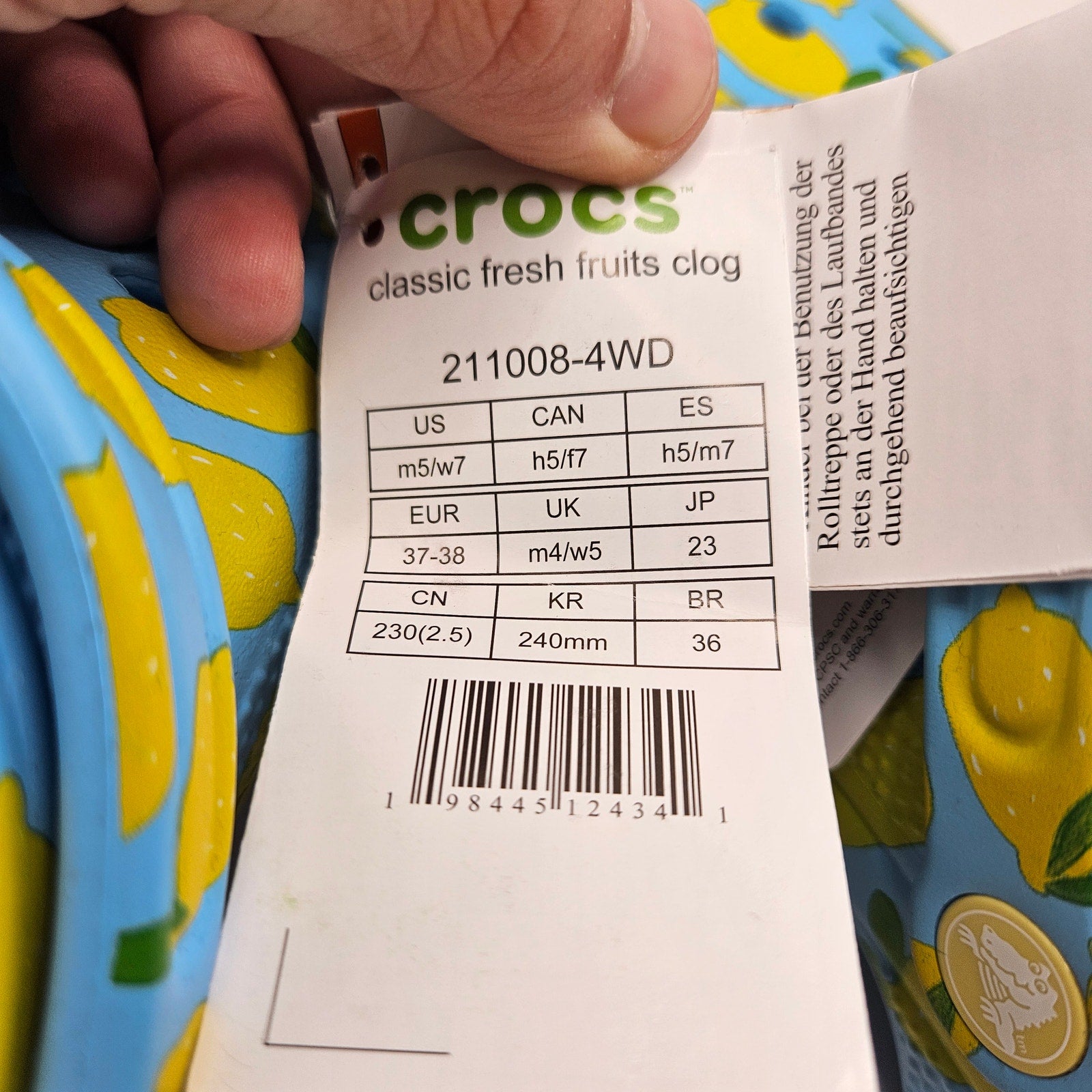 CROCS M5 W7 CLASSIC FRESH FRUITS LEMON PRINT CLOG BLUE YELLOW NWT 211008-4WD