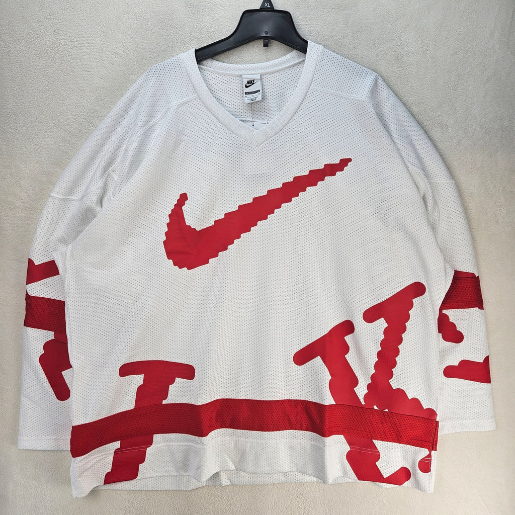 NIKE MEN'S XL OVERSIZED FIT MESH HOCKEY JERSEY WHT RED SWOOSH V-NECK HV1137-100