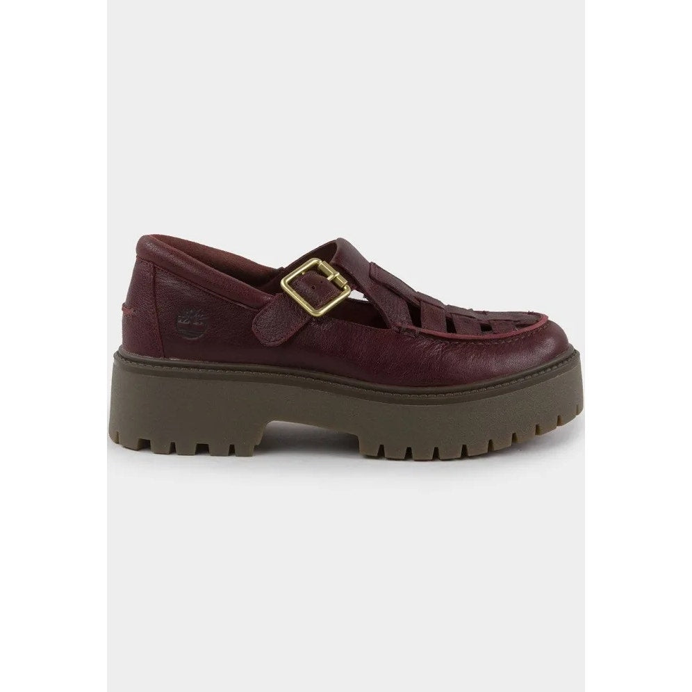 TIMBERLAND WOMEN'S 6.5 RARE BURGUNDY STONE STREET BUCKLE PLATFORM LEATHER WOVEN