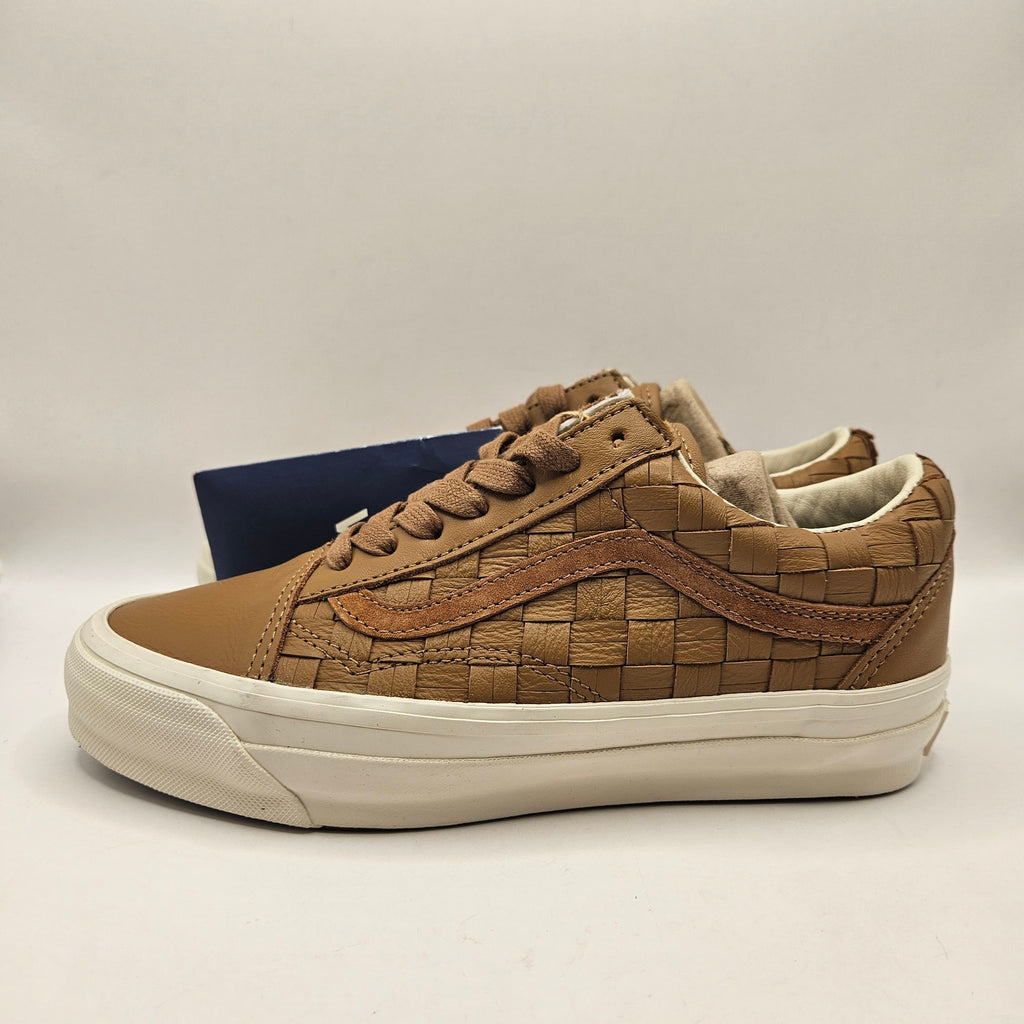 VANS WOMEN'S 7.5 OLD SKOOL LX WOVEN LEATHER TAN WHITE SNEAKERS NWOB