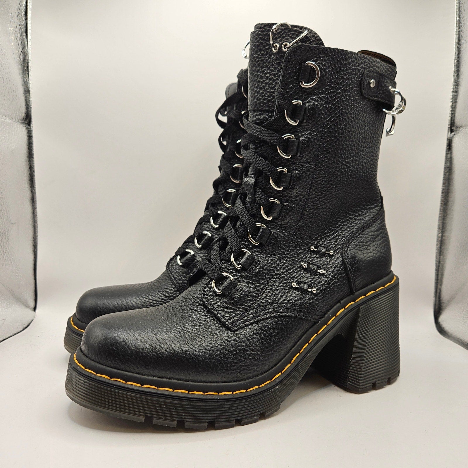 DR MARTENS WOMEN'S 10 CHESNEY HDW PIERCING LEATHER 8 EYE BOOTS NWOB BLACK