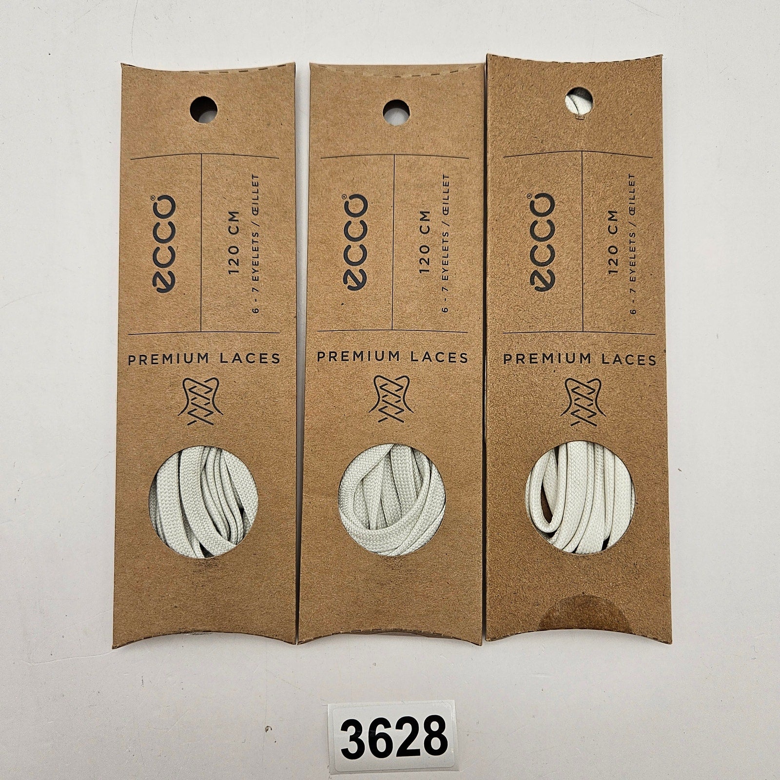 LOT OF 3 - ECCO PREMIUM LACES 120CM WHITE/SHADOW WHITE FLAT NIB 1X3 PAIRS