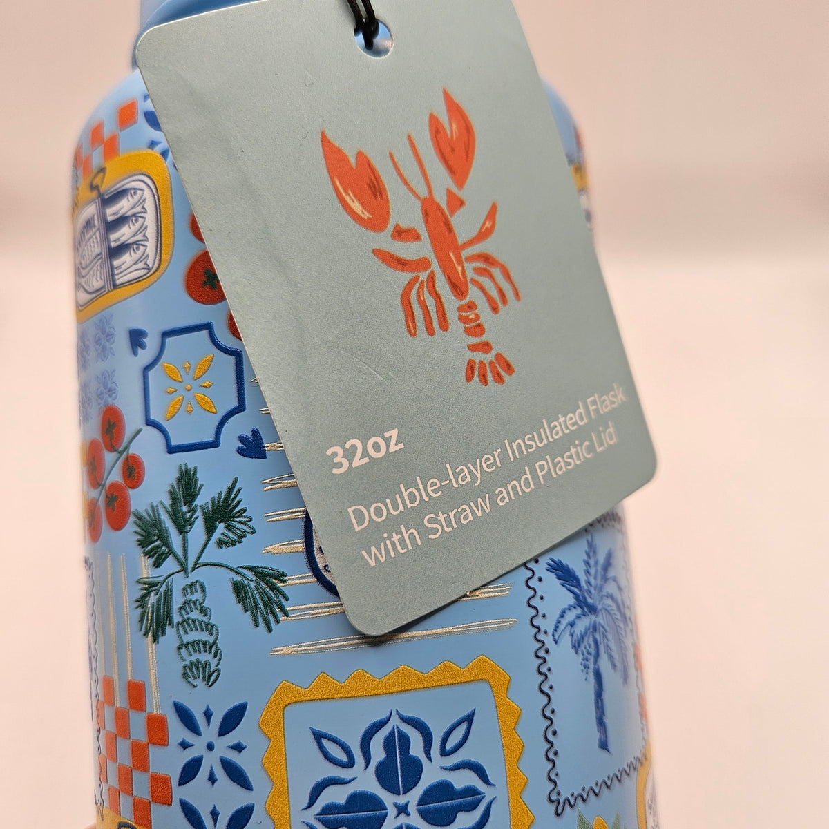 LOBSTER 32 OZ DOUBLE LAYER INSULATED FLASK WITH STRAW AND PLASTIC LID ANTI LEAK