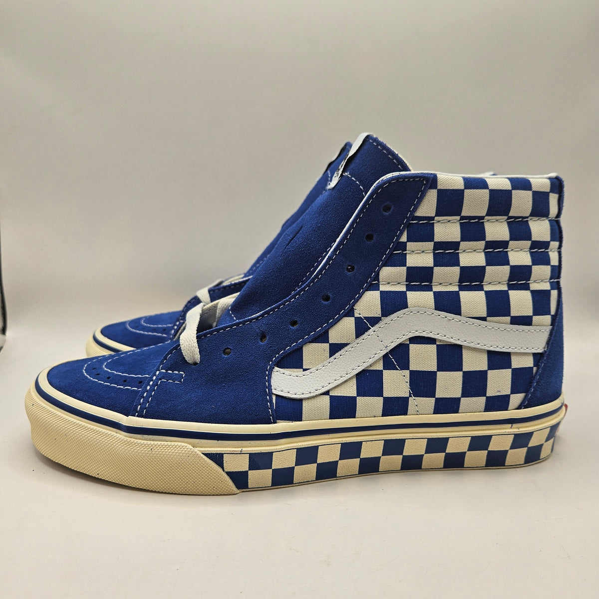VANS WOMEN'S 9.5 SK8-HI CHECKERBOARD SIDEWALL CLASSIC BLUE SKATEBOARD NWOB