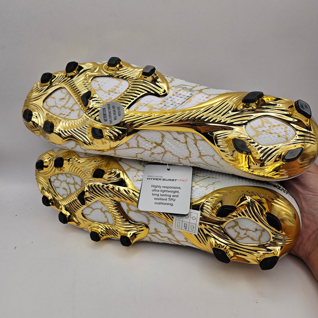 SKECHERS MEN'S 11.5 SKX 1.5 HIGH ELITE FG SOCCER CLEATS WHITE METALLIC GOLD NWOB