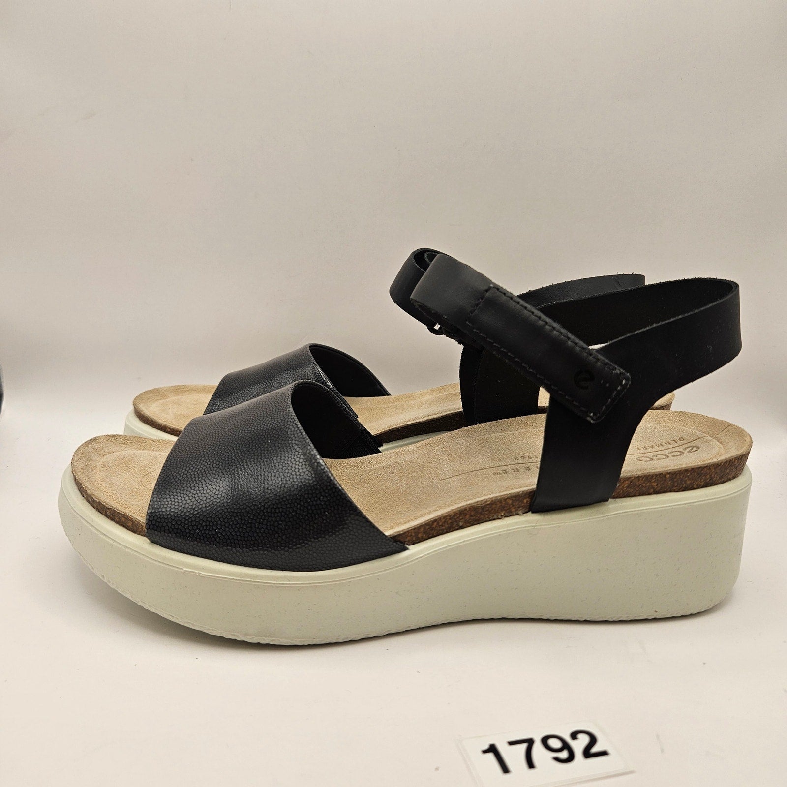 ECCO WOMEN'S 41 FLOWT WEDGE LEATHER CORK HEELED SANDAL BLACK NWOB 27231351052