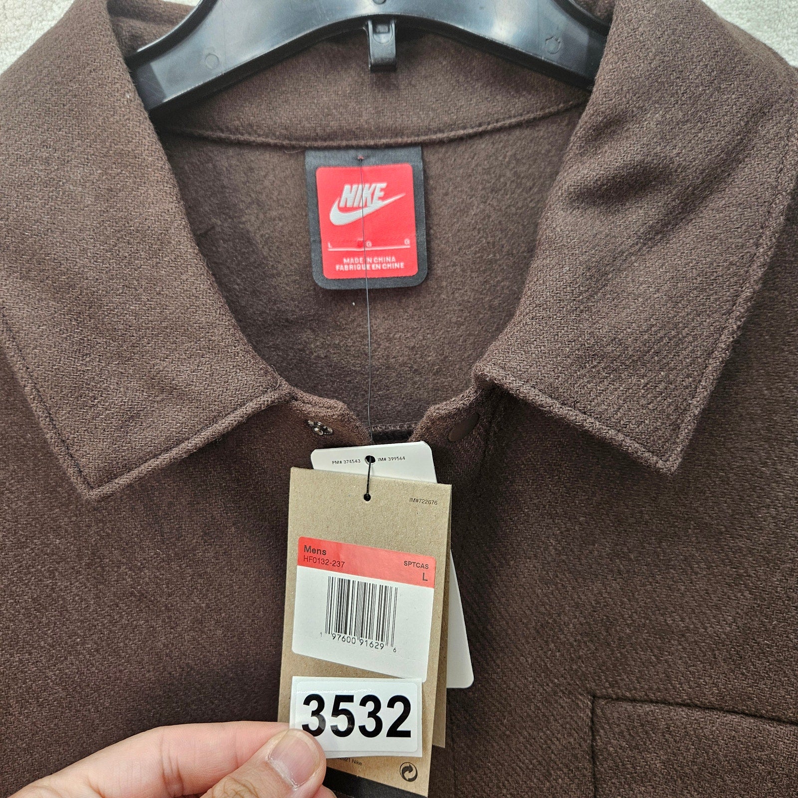 NIKE MEN'S LARGE LIFE WOOL BLEND OVERSHIRT JACKET BROWN SNAP FRONT UTILITY POCKT