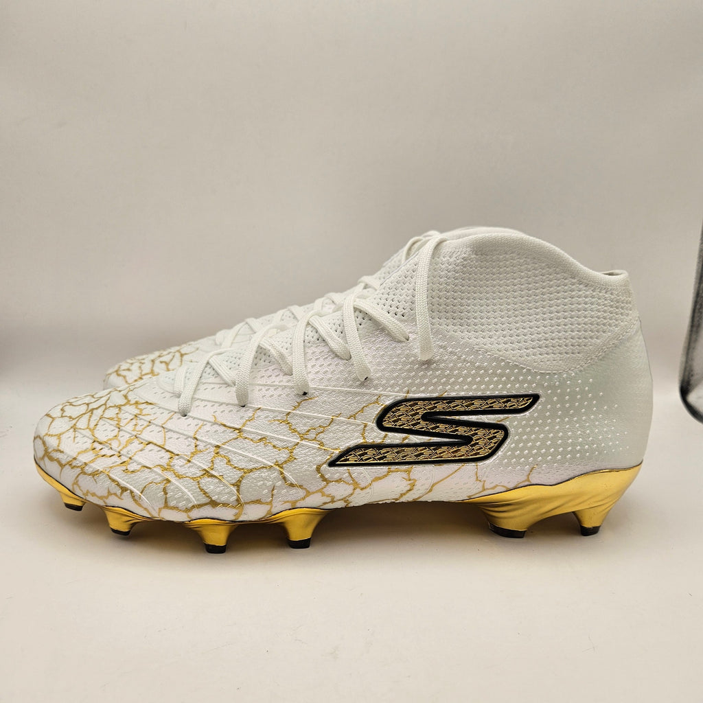 SKECHERS MEN'S 10.5 SKX 1.5 HIGH ELITE FG SOCCER CLEATS WHITE METALLIC GOLD NWOB
