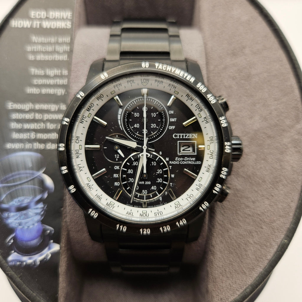 CITIZEN AT8175-58E MEN'S RADIO CONTROLLED TACHYMETER WORLD TIME $650 NEW